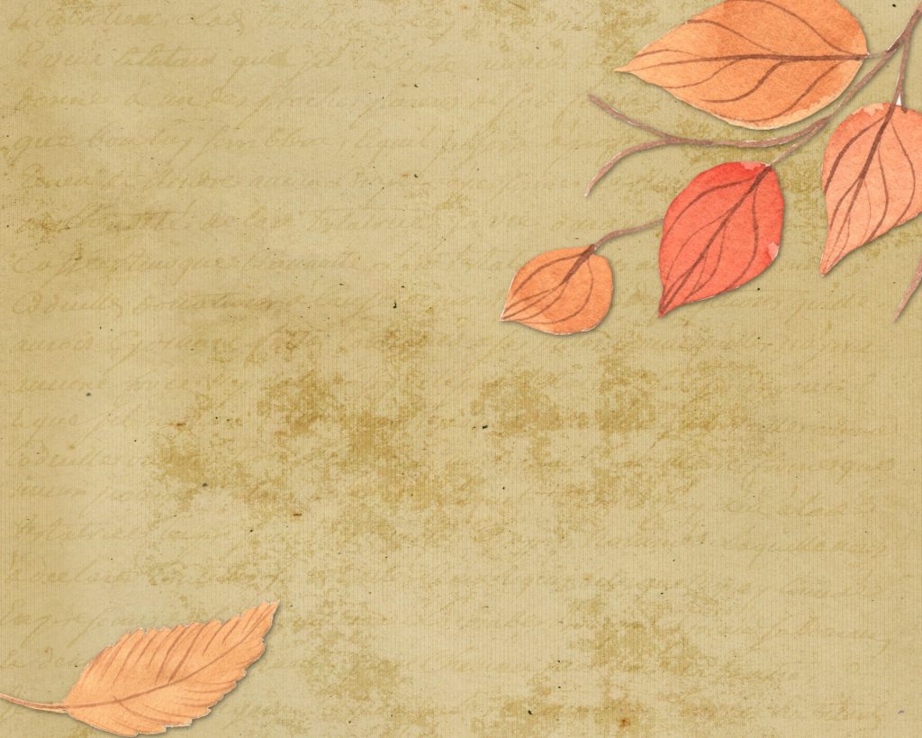 Faded sepia note paper with script writing, veined autumn red and orange leaves from birches or aspens made from paper in the right and left corners.