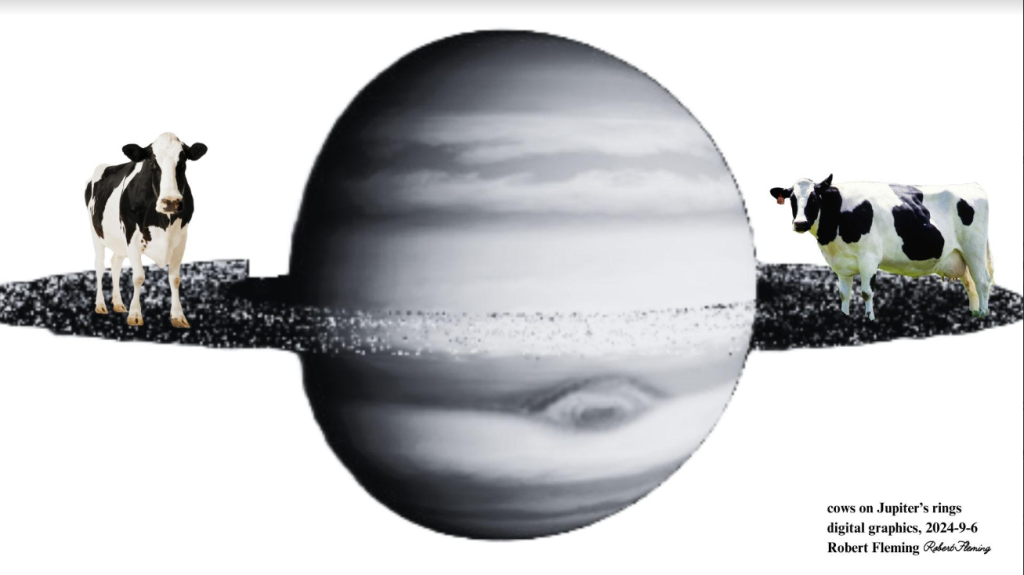 Black and white image of Jupiter with black and white cows on its ring. 