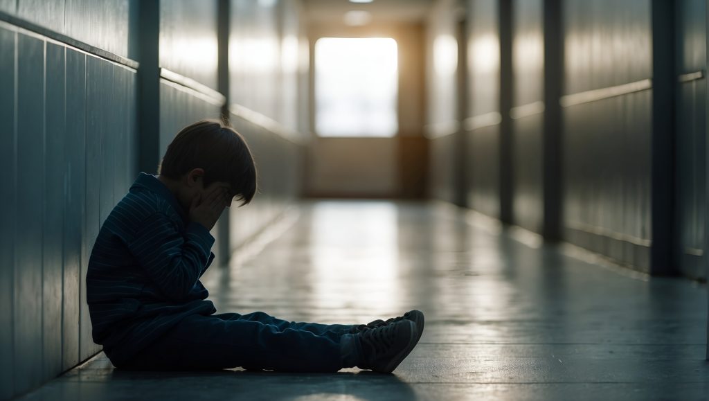 Small boy with his head in his hands in a collared shirt and jeans and tennis shoes sits alone in a dark hall. 