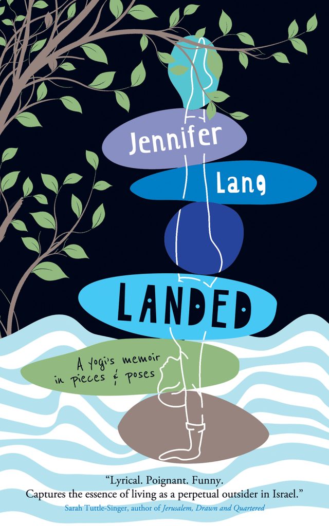 Cover for Jennifer Lang's Landed. Image of a person doing a handstand on some wavy blue lines on a white background while the rest of the book is black with a leafy green tree on the left. The author's name and book title are in blue and purple thought bubbles. 