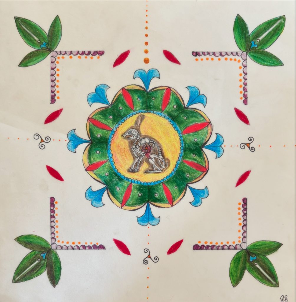 Drawing of a rabbit with its skeleton exposed inside a yellow, red, and green medallion with blue fleur-de-lises. Corners of the image are purple with three green leaves at each corner. 