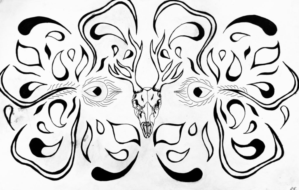 Black and white line drawing of a horned animal skull surrounded by abstract petal shapes and peacock feathers. 