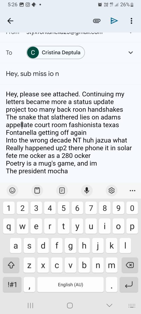  Continuing my letters became more a status update project too many back roon handshakes
The snake that slathered lies on adams appellate court room fashionista texas 
Fontanella getting off again
Into the wrong decade NT huh jazua what
Really happened up2 there phone it in solar fete me ocker as a 280 ocker
Poetry is a mug's game, and im
The president mocha