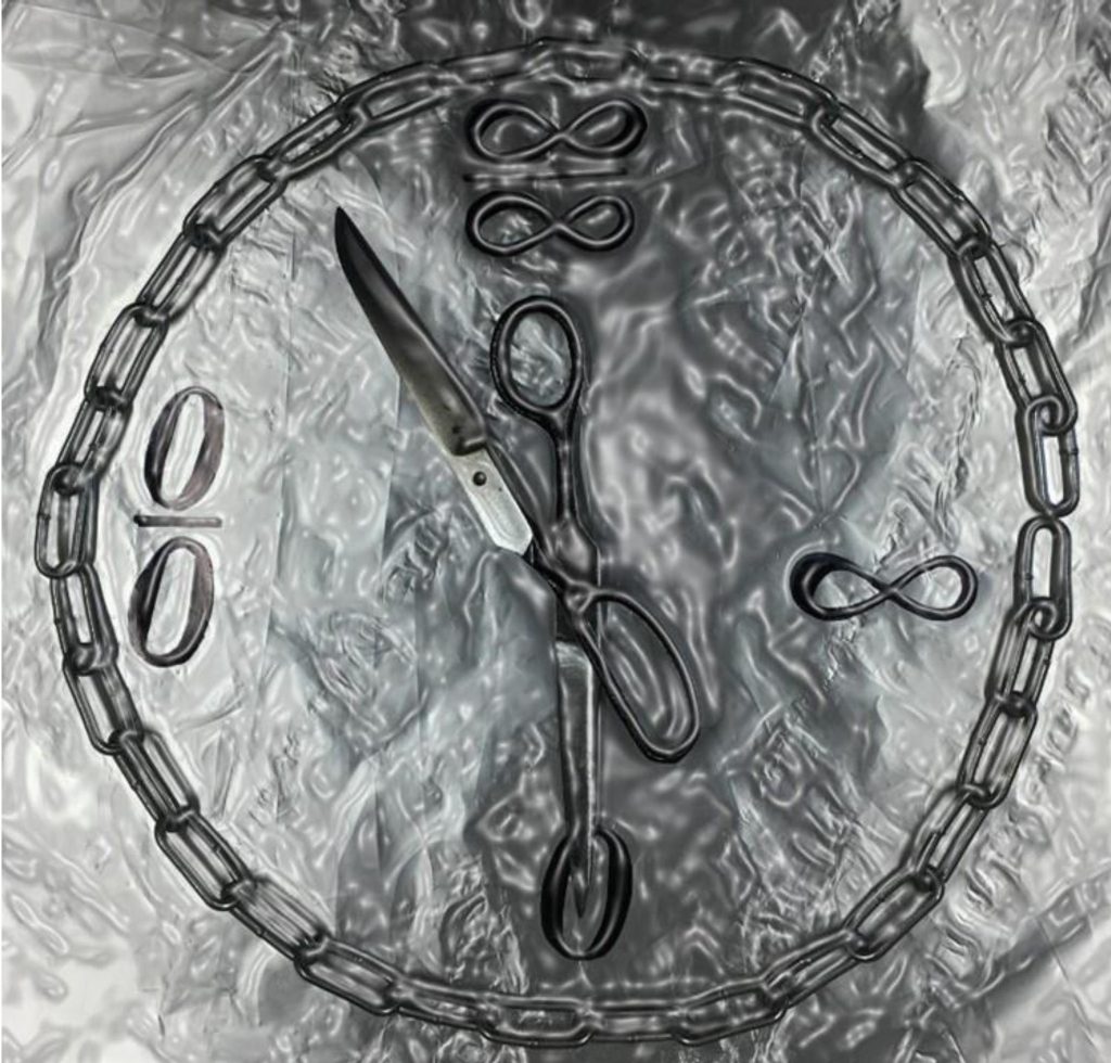 Metal chains and chain loops making a strange simulacrum of a clock, with open scissors for hands. 