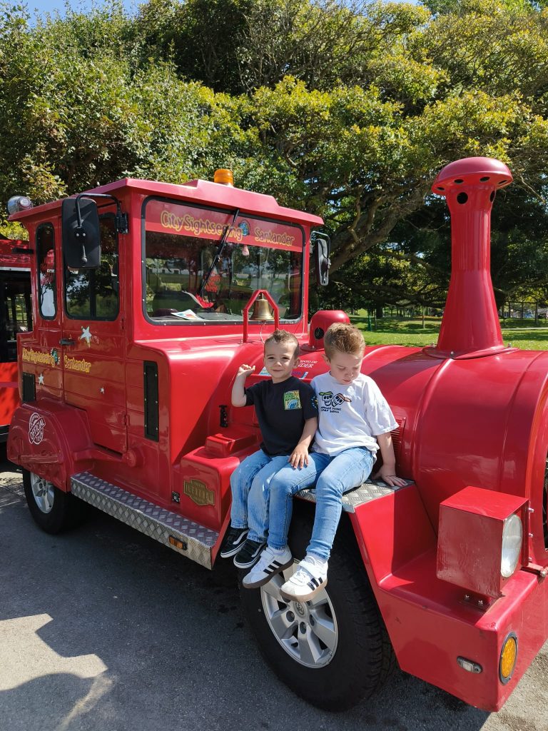 Red sightseeing park train car with two boys seated on its outside. Green leafy trees and grass in the background. 