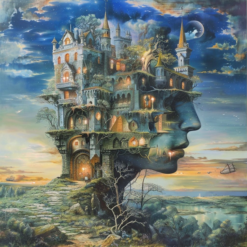 A human head rising out of the ground with a large medieval castle and trees growing out of it. Trees, rocks, and a lake below, clouds and sunset/sunrise above. 