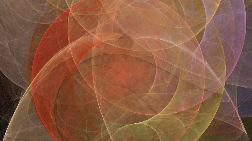 Abstract image of gauzy red, yellow, tan and white veils. 