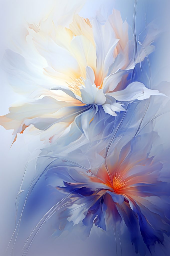 Stylized white flowers with large ragged petals and a yellow center. Graceful translucent curves throughout the work. 