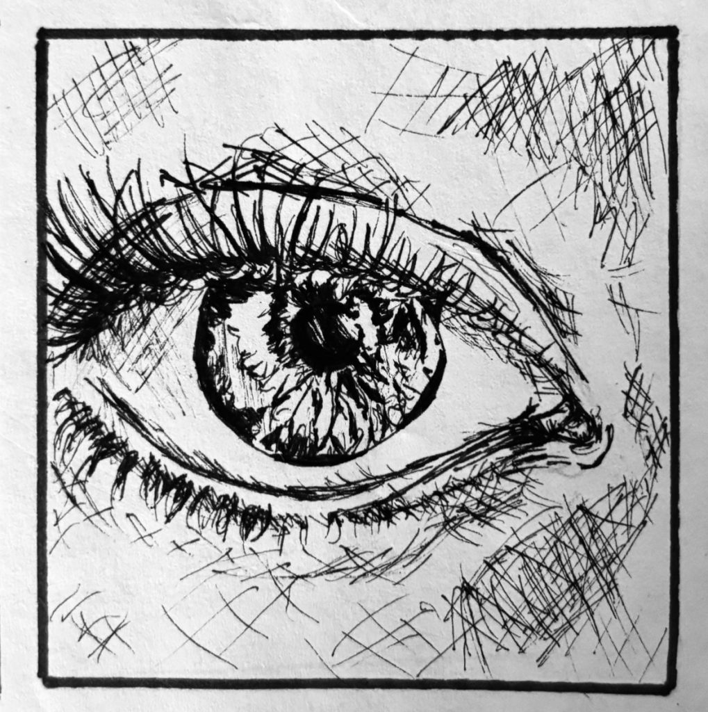 Pen line drawing of a closeup of an eye, black and white. 