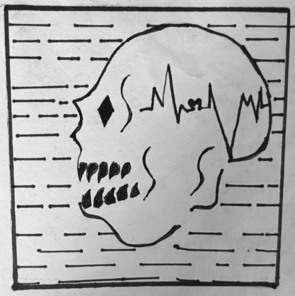 Black and white line drawing of the side profile of a human skull. 