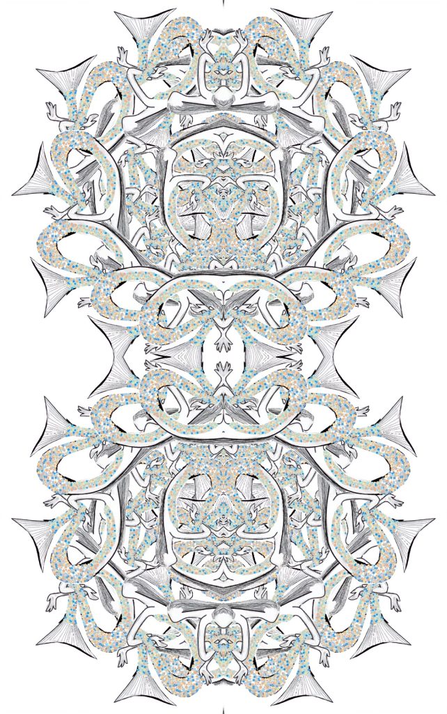 Design with interlocking bonelike figures forming two curlicues, one on the top and the other on the bottom. Figures are shaded in gray and dotted with blue and orange. 