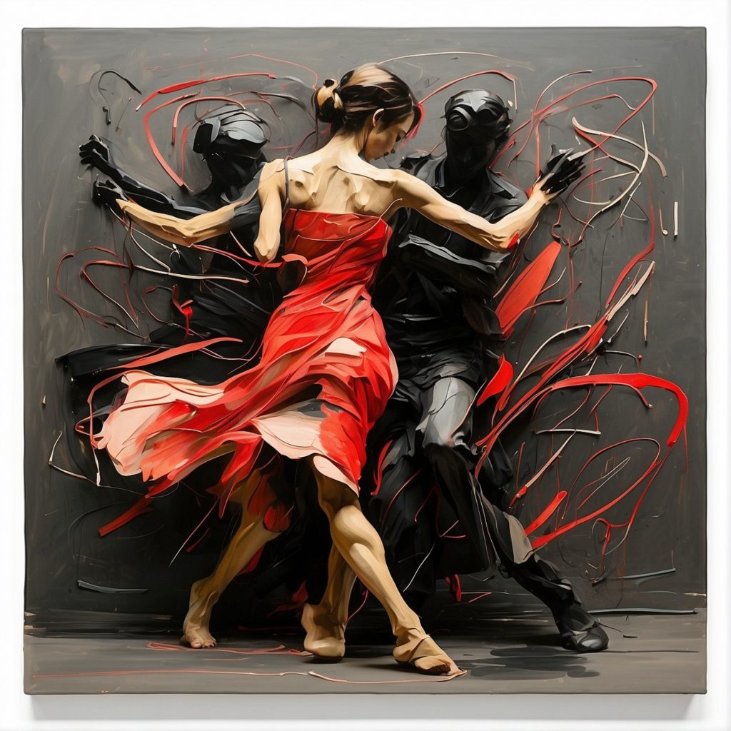 Painting of a woman in a red dress and ballet shoes dancing with two other figures in black in shadows in the background. Swathes of paint, red and tan, surround them. 