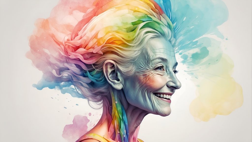 Profile of an older light skinned woman facing the right with her hair turning rainbow colors. Image is defined for her face and fluffy for the hair and ribbons of color. 