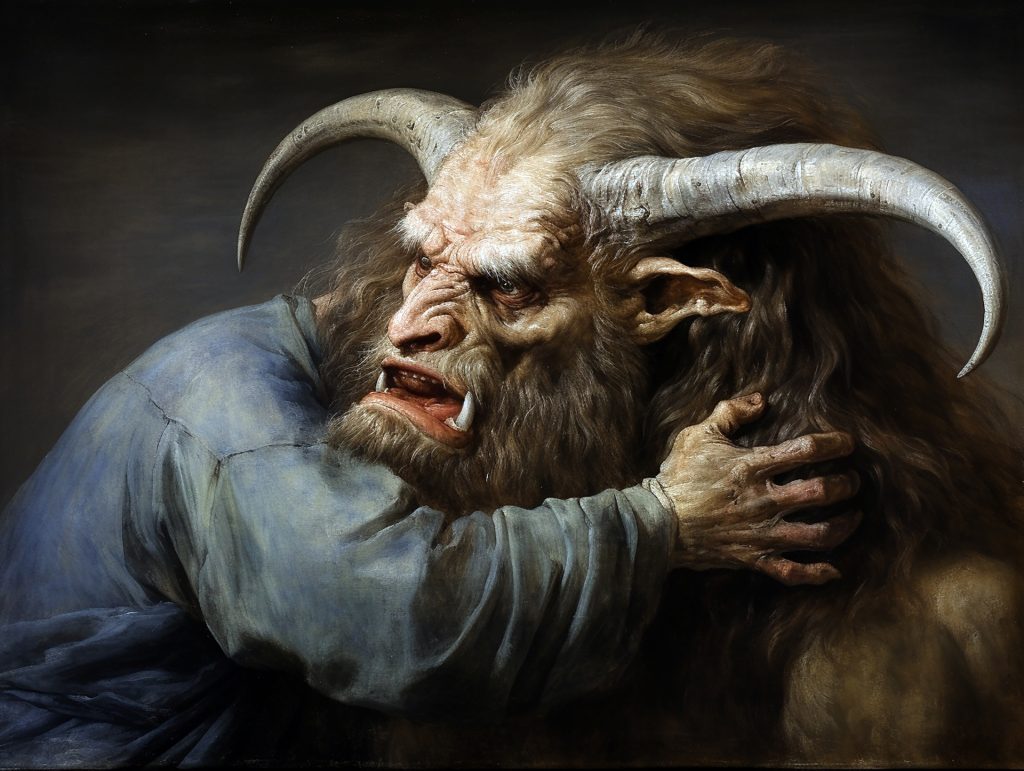 Old man with thinning hair and creased hands, dressed in blue, embraces and hides his face behind a horned beast with big teeth and a hairy face and scowl. 