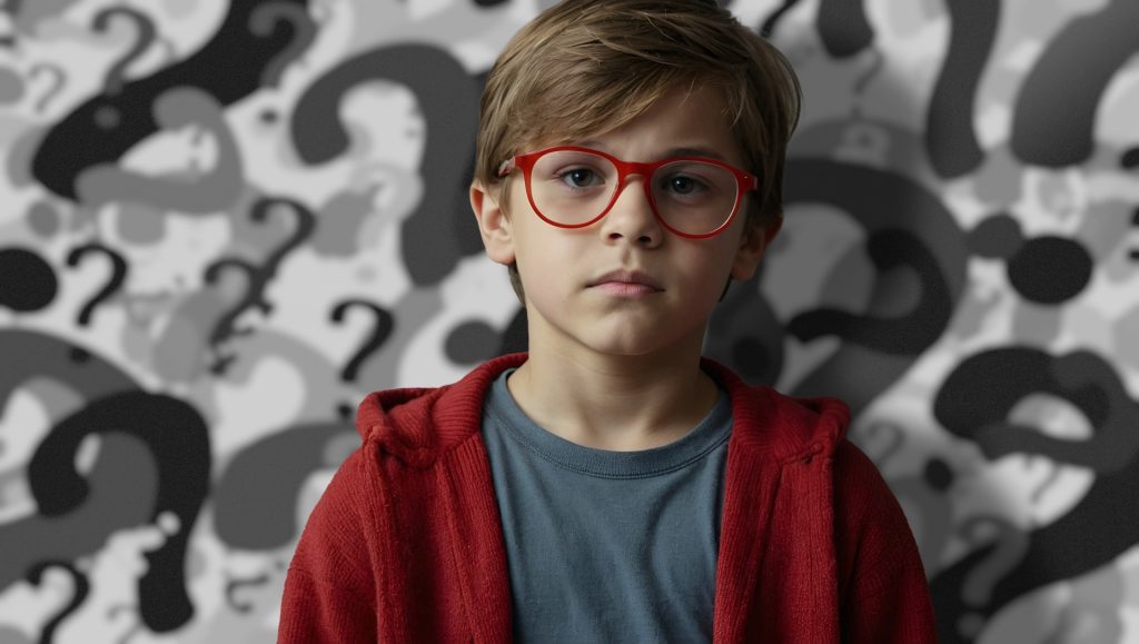 Light-skinned boy with short brown hair and red glasses and a gray shirt and red jacket in front of a black and white background with question marks.