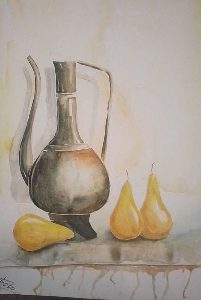 Watercolor of three pears next to a teapot, or pouring vessel for oil.