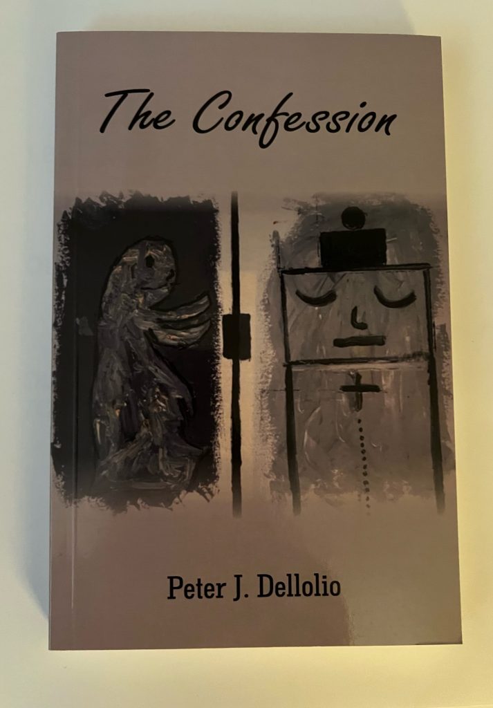 Gray book cover for Peter J. Dellolio's The Confession. Two images, one of a gray lizard on a black background, and another of a door with a smiling face drawn on it, next to each other. 