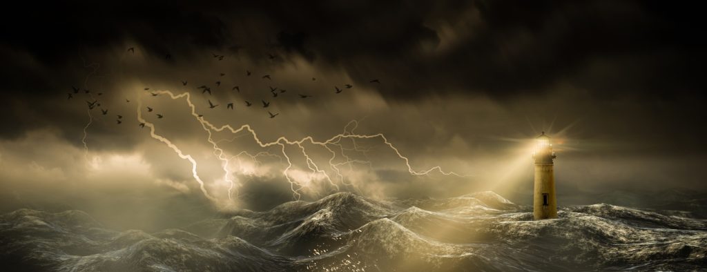 Dramatic painting of dark clouds and lightning and black birds over a storm whitecapped sea. A lighthouse on the right beacons with light. 