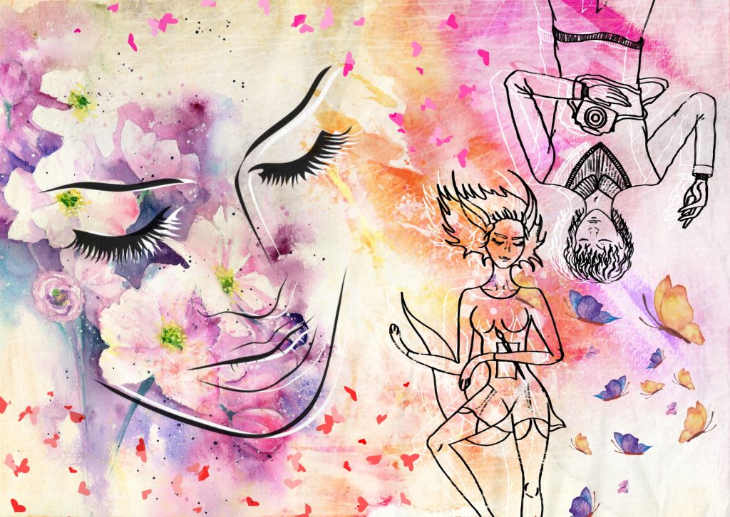 Stylized woman's face with long eyelashes and two cartoonish people near her, a girl and a guy, with the guy upside down. Flower petals and butterflies in the pink and blue and purple background. 