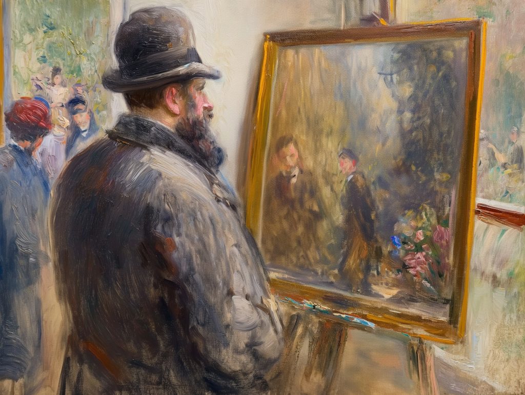 Older man in a suit and coat and top hat with a beard examines an Impressionist oil painting of two peopel and some flowers.  