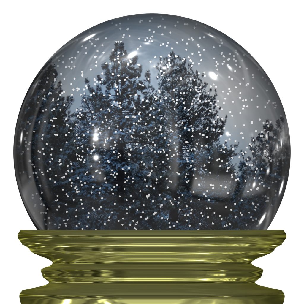 Evergreen trees within a stylized painting of a snow globe. 