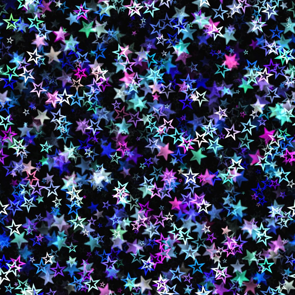 Pink, blue, yellow and green outlines of stars on a black background. 