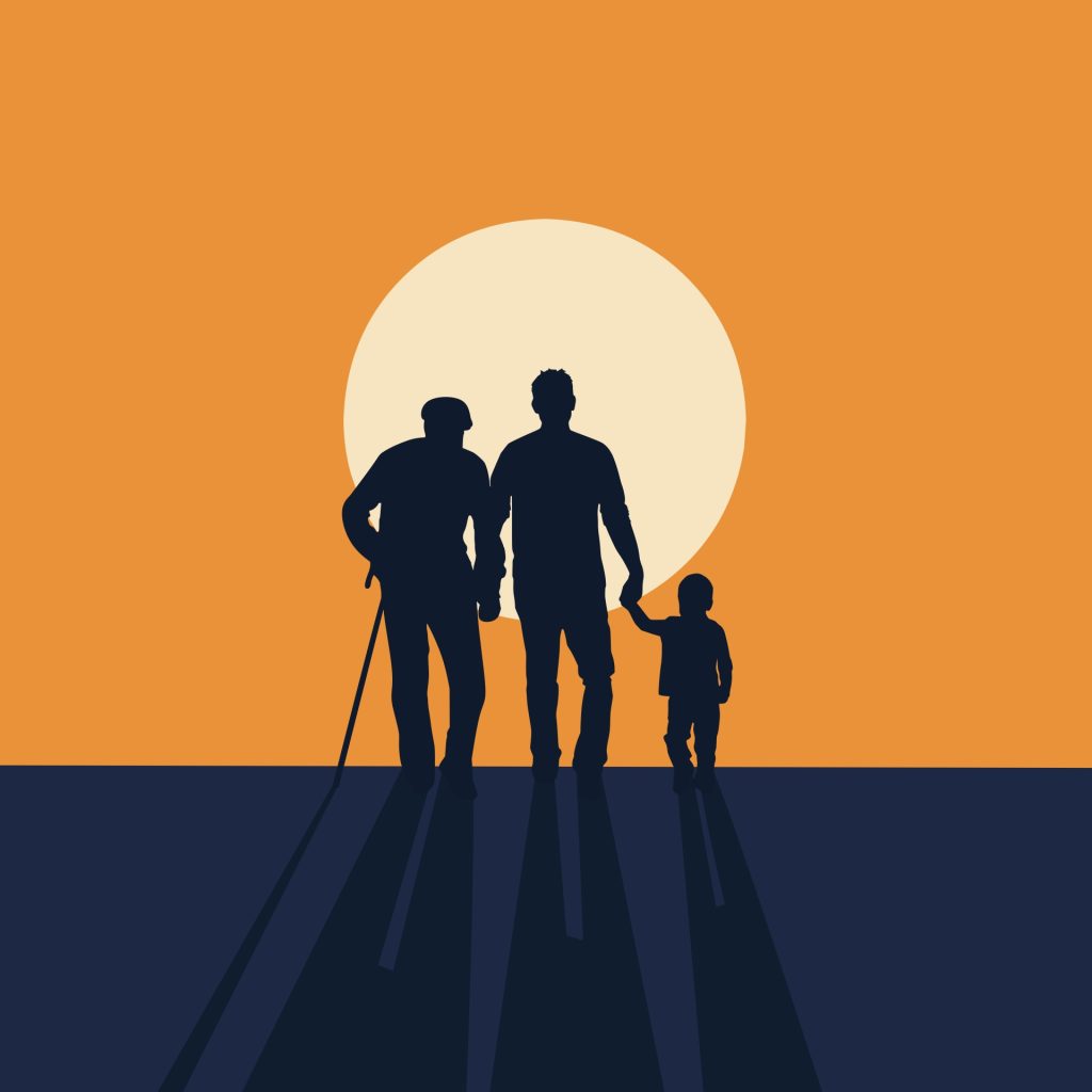 Black and white silhouette family, two older adults, one with a cane, and a little child, on blue ground heading to a yellow sun and orange sky. 