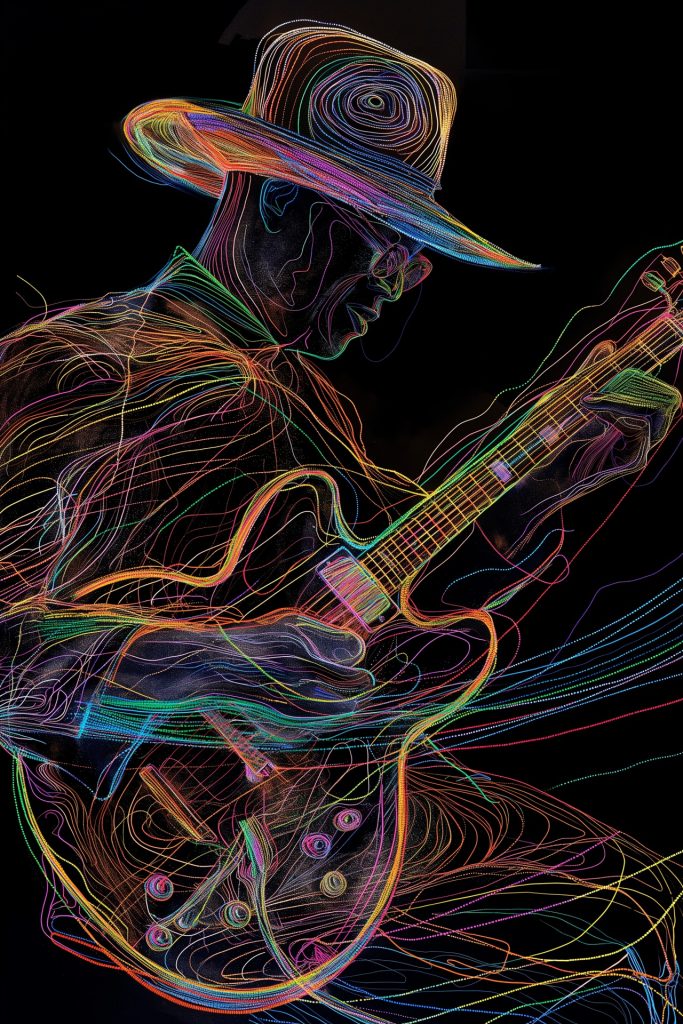 Outline drawing of a man playing the guitar, wavy colored lines on a black background. 