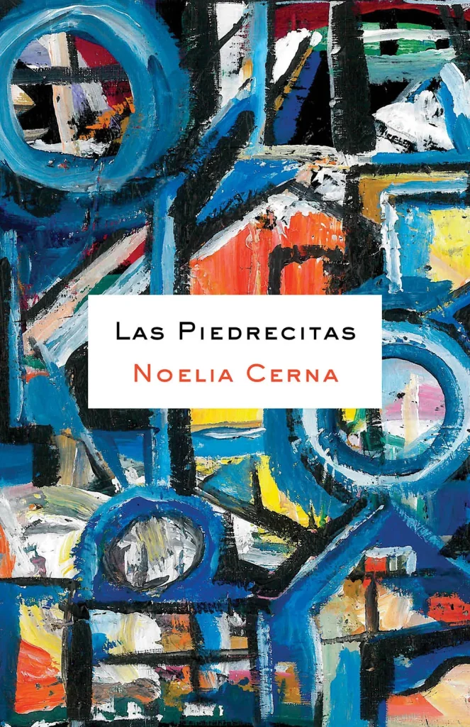 Abstract design that includes lines and circles and resembles houses, windows, or portholes. Colors are blue, black, yellow, white, and orange. Text reads Las Piedrecitas, Noelia Cerna. 