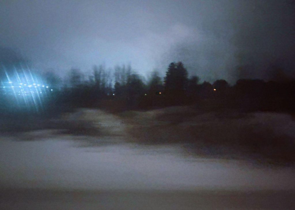 Hazy image of a hillside with trees and bushes and clouds and streetlights in the distance. 