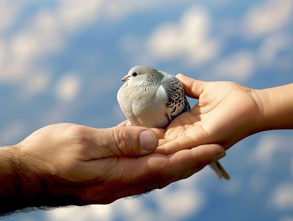 Two human hands, two different people, holding a pigeon on a sunny day with a few clouds in the sky. 