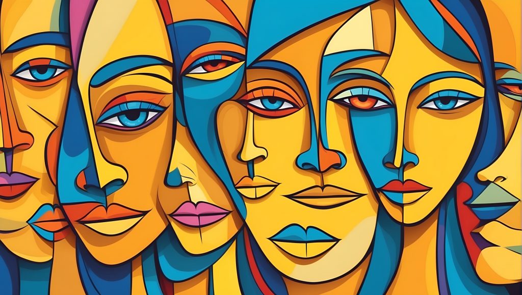 Yellow female-looking faces with bits of blue and red and orange blending into each other. Stylized art where faces overlap and share features. 