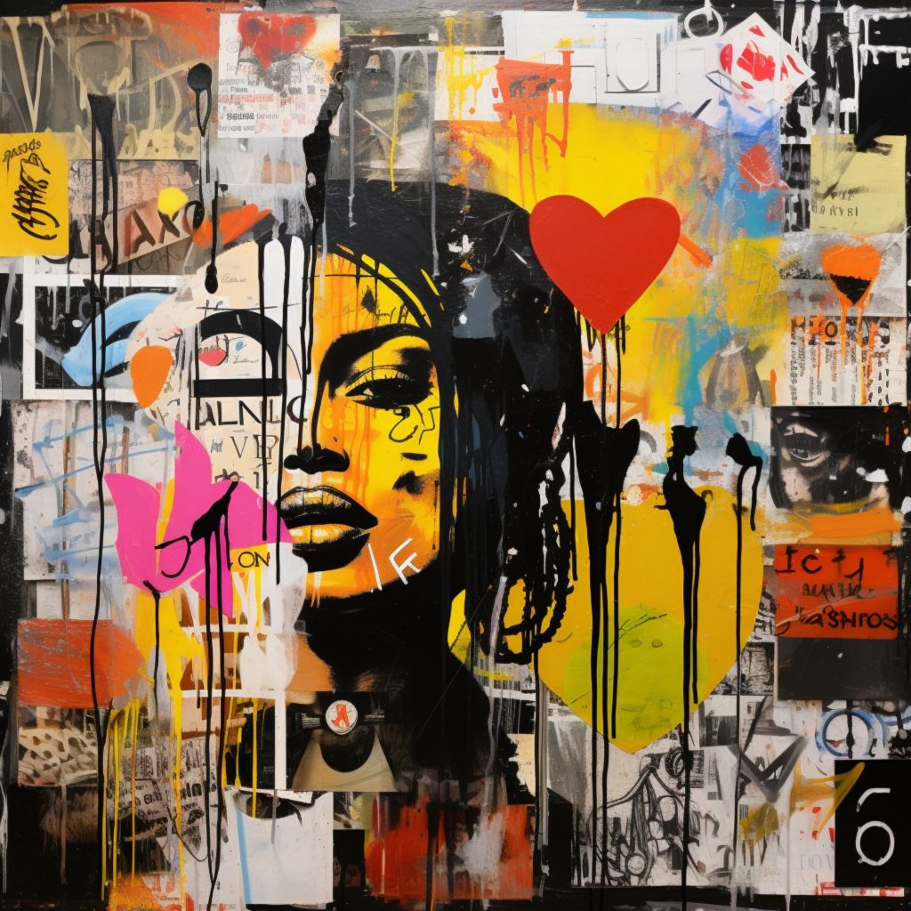 Collage of a woman of undetermined race with dark dreadlocked hair and full lips on a yellow background. Stickers, red hearts, graffiti all surround her. 