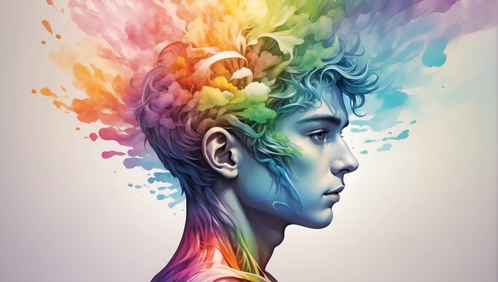 Human of indeterminate gender with a rainbow of colors of paint bursting out of his/her head. Image in profile. 