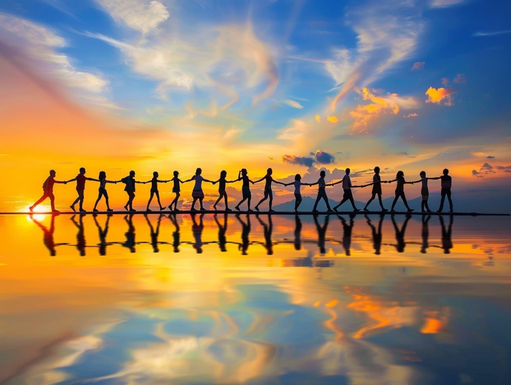 Silhouettes of over a dozen people lining up to hold hands and stand straight on a beach peninsula at sunset or sunrise. Clouds and the glowing sun, reflection in water. 