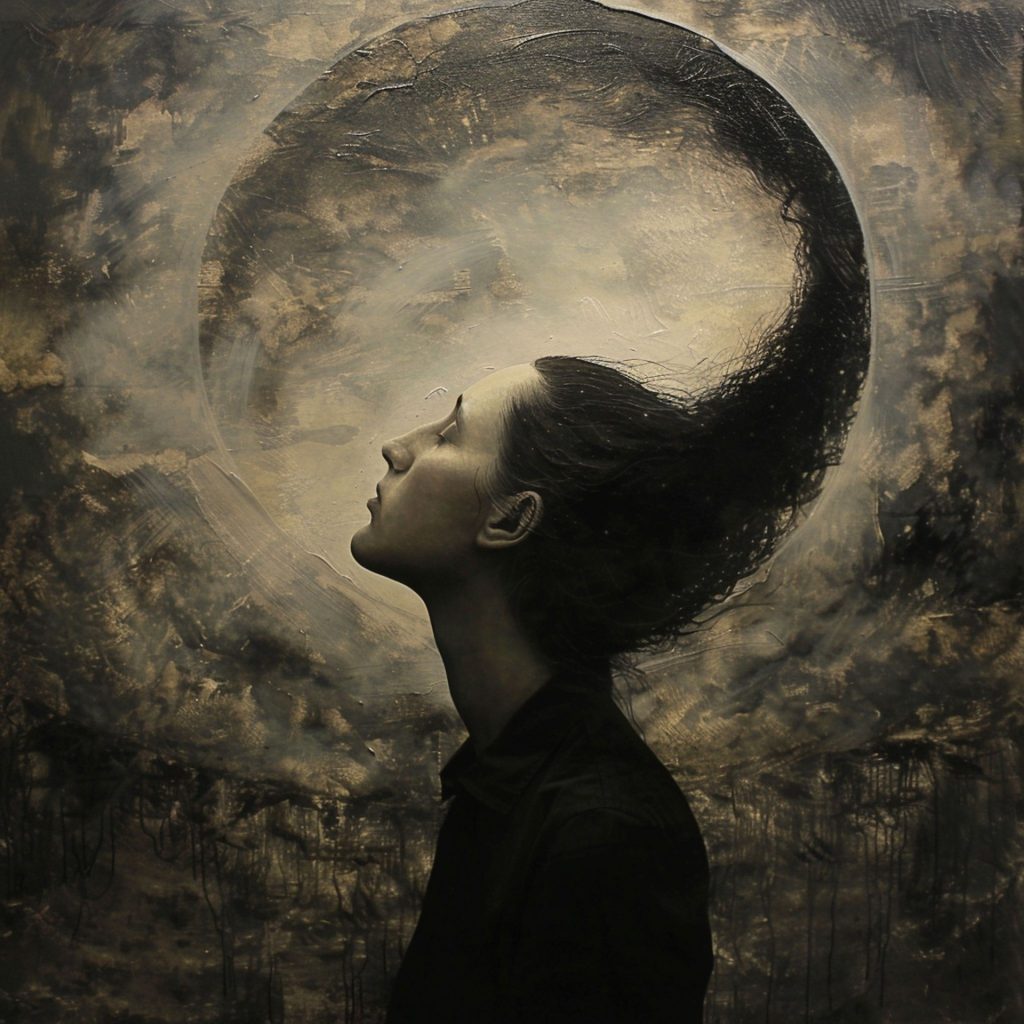 Surreal image of a profile view of a woman with long dark hair curling upwards in a moon shape and a background of gray, black, and brown. Her eyes are closed. 