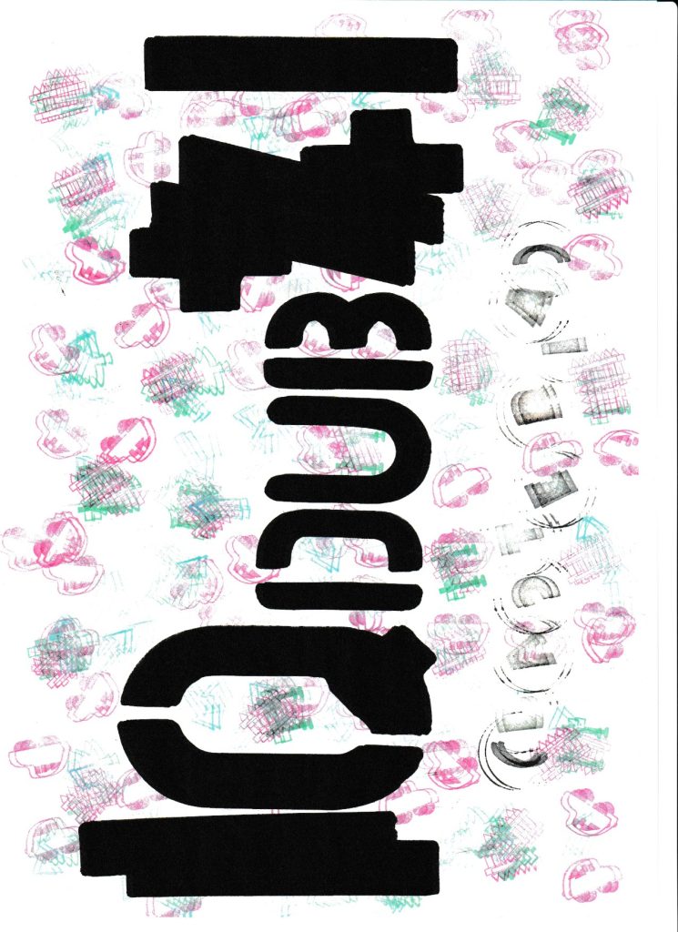 Black thick letters and stencils on a white but colorfully stamped background. 