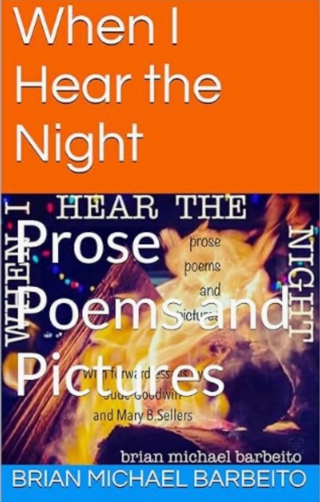 Brian Barbeito's book When I Hear the Night. White text in various fonts, orange at the top, a bonfire outdoors with flames and colored lights at night on the bottom. Blue stripe at the bottom.