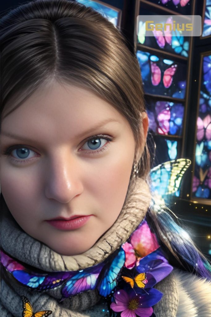 AI image of a young blue eyed woman standing in front of a variety of TV screens showing colorful pink and blue and purple butterflies.