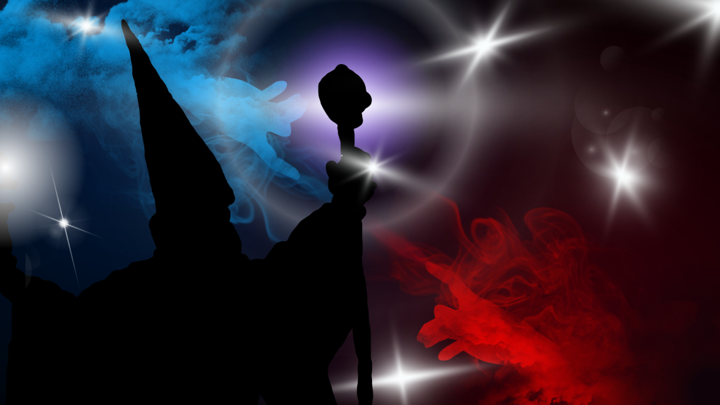 Black shadow of a wizard holding a staff up to a bunch of stars in a dark environment with blue and red smoke.