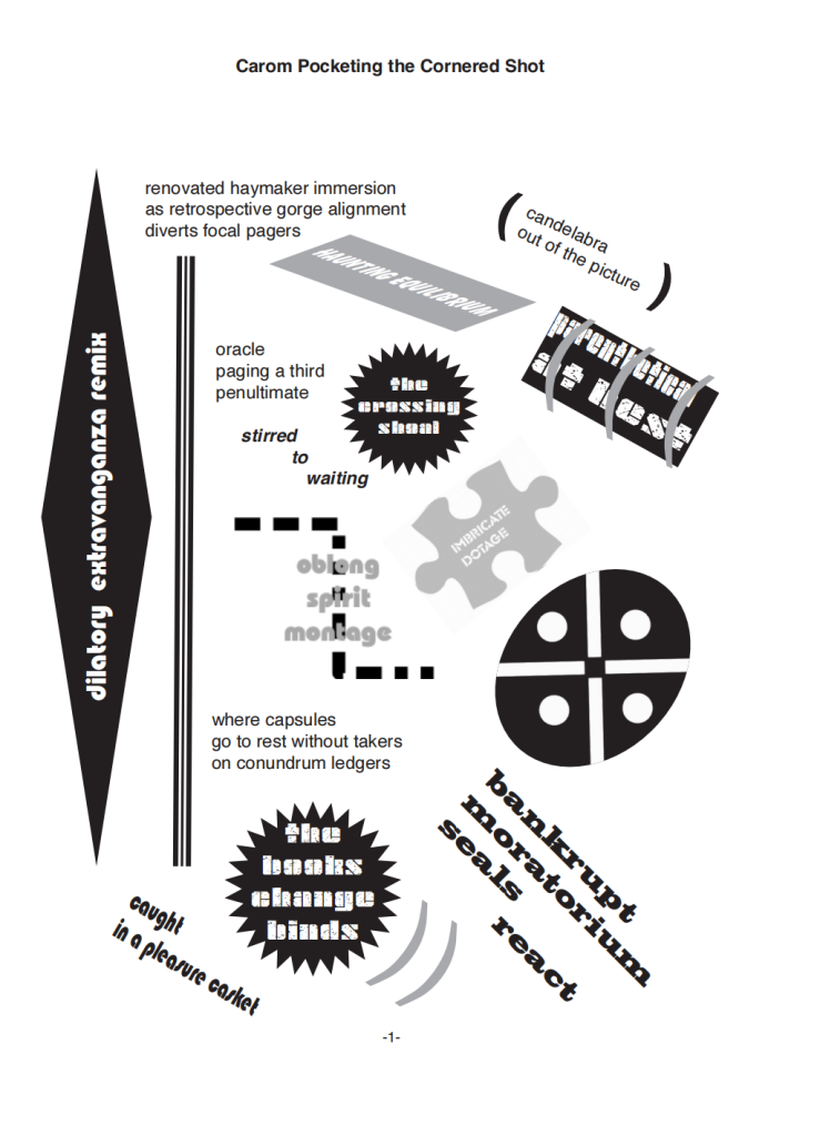Black and white arranged text in different fonts inside of black and white geometric shapes. 