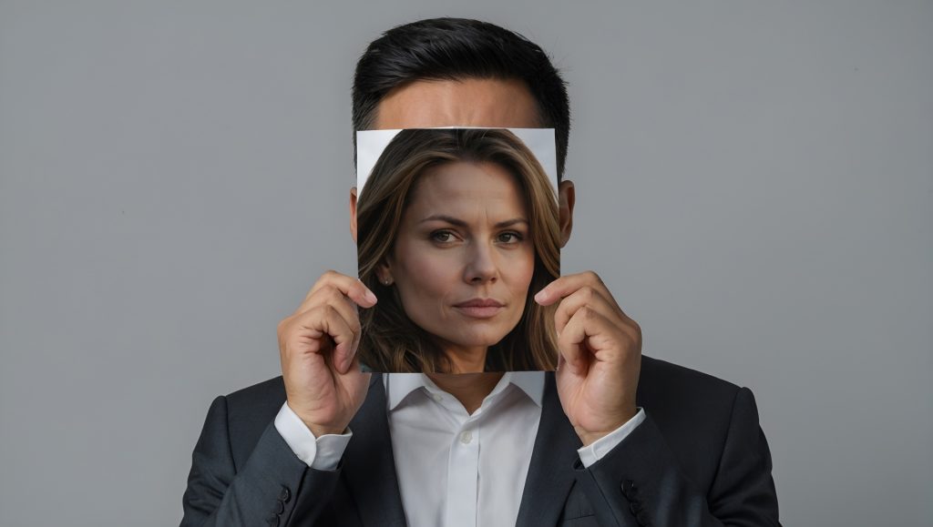 Light skinned man in a black suit and collared white shirt holds a photo of a woman with dark hair in front of his face.