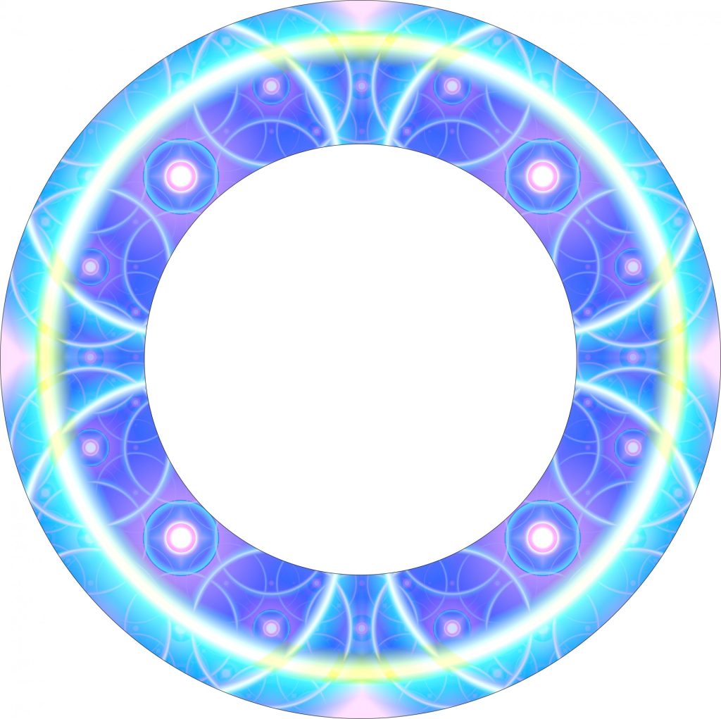 Pink, blue, white and purple circle with circular designs around the edges.
