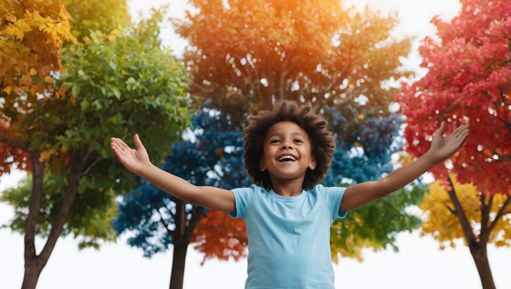 Smiling brown skinned child in a blue tee shirt holding out his arms. Trees with green, yellow, red, orange and bluegreen trees in the background.