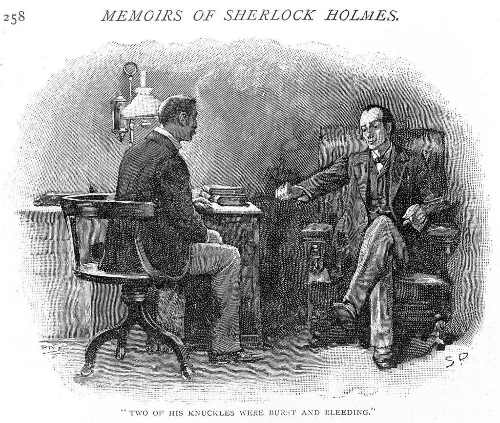 Black and white illustration drawing of two dressed-up white gentlemen sitting down talking with each other in a study with a lamp and a writing desk.