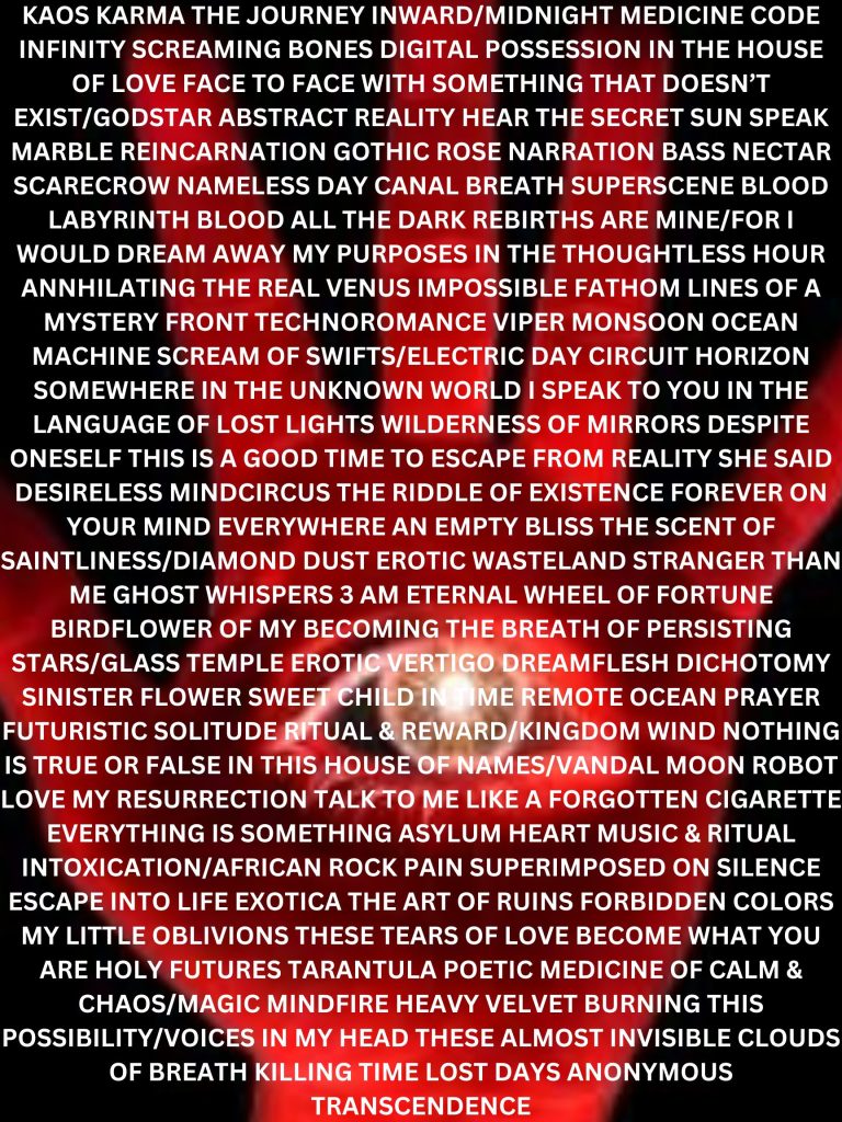 Red hand in something like an infrared image with an eye with a sunlike pupil in the middle. Black background with white text. 