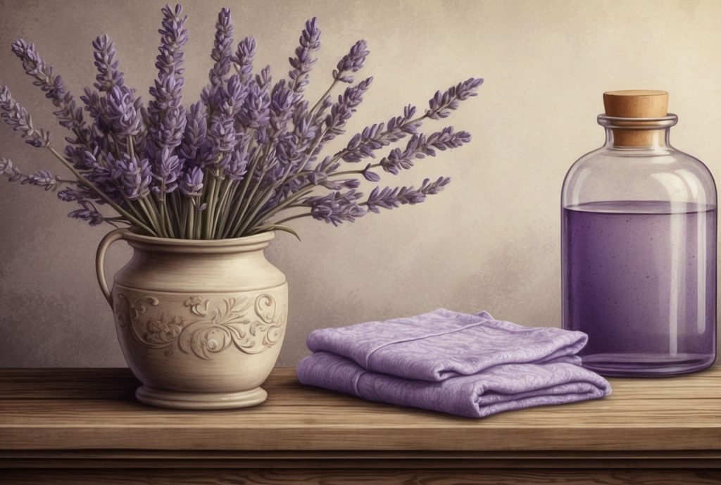 Watercolor of lavender in a decorative vase next to a purple towel and lavender scented water in a glass bottle with a stopper.