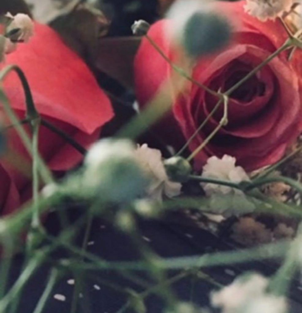 Closeup of a bouquet of red roses and white baby's breath. 