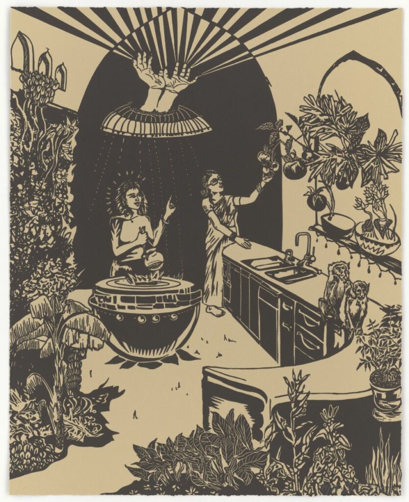 Black and white woodcut of two women cooking in a large pot on a fire. They're picking fruit from houseplants and collecting sunlight for solar power.