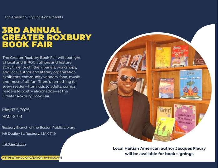 Social media promo photo with text about the event of the left and a circular photo of a young middle aged Black man in sunglasses, a black coat, and a red shirt standing next to a selection of books on a wooden bookshelf.
